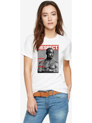 Qivi Rap Hiphop 2pac Respect Cover Baskılı Beyaz Kadın Tshirt