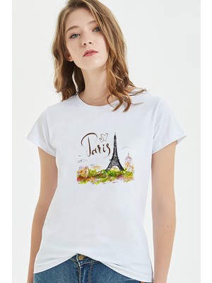 Qivi Watercolor Eiffel Tower Paris Kadın Beyaz Tshirt