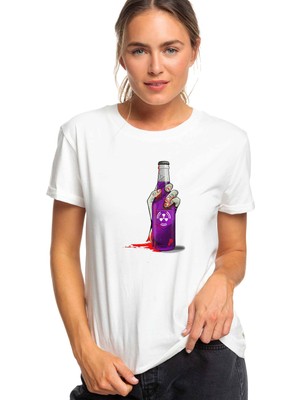 Qivi Zombıe Mor Şise Baskılı Beyaz Kadın Tshirt
