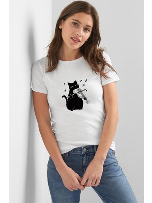 Qivi Silhouette Black Cat Playing Violin Kadın Beyaz Tshirt