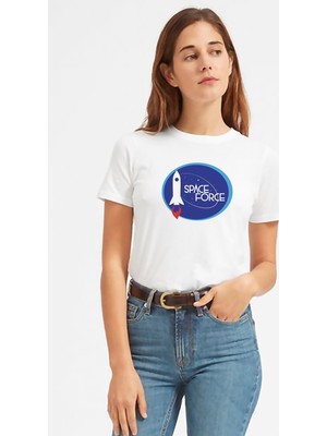 Qivi Nasa Space Force Uzay Baskılı Beyaz Kadın Tshirt
