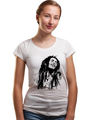Qivi Bob Marley Black And White Kadın Beyaz Tshirt