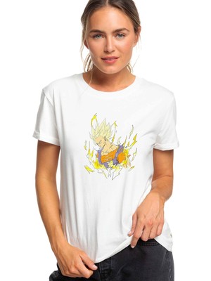 Qivi Anime Dragon Ball Baskılı Beyaz Kadın Tshirt
