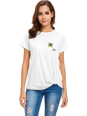 Qivi Watercolor Palm Tree Kadın Beyaz Tshirt