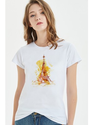 Qivi Watercolor Eiffel Tower Kadın Beyaz Tshirt