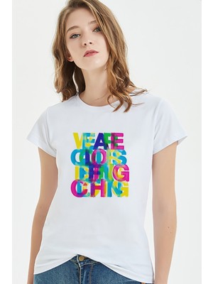 Qivi Color Design Baskılı Beyaz Kadın Tshirt