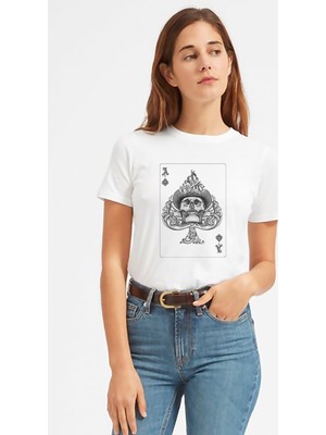 Qivi Motorhead Iskanbil Iskelet Skull Baskılı Beyaz Kadın Tshirt