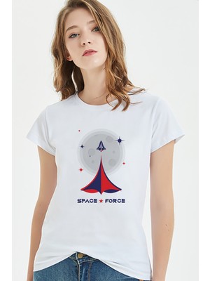 Qivi Nasa Uzay Baskılı Beyaz Kadın Tshirt
