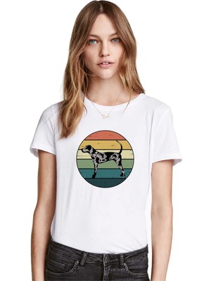 Qivi Silhouette Retro Rainbow Catahoula Leopard Dog Kadın Beyaz Tshirt