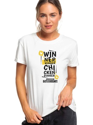 Qivi Playerunknown's Battlegrounds Pubg Winner Chicken Baskılı Beyaz Kadın Tshirt