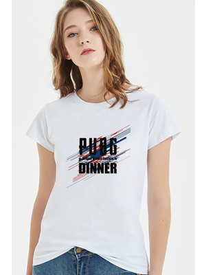Qivi Pubg Playerunknowns Chicken Dinner's Baskılı Beyaz Kadın Tshirt