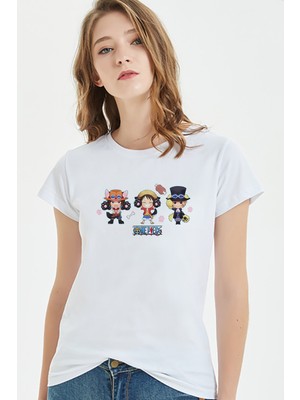 Qivi Anime One Piece Smile Baskılı Beyaz Kadın Tshirt