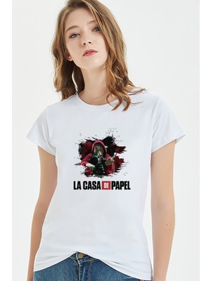 Qivi La Case De Papel Dali El Baskılı Beyaz Kadın Tshirt