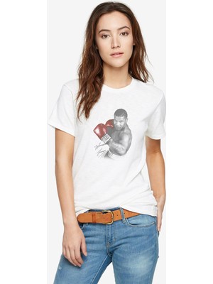 Qivi Mike Tyson Imza Baskılı Beyaz Kadın Tshirt