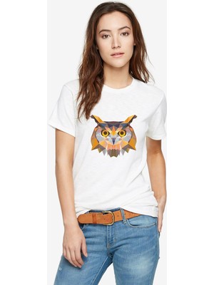 Qivi Polygonal Head Owl Baykuş Baskılı Beyaz Kadın Tshirt