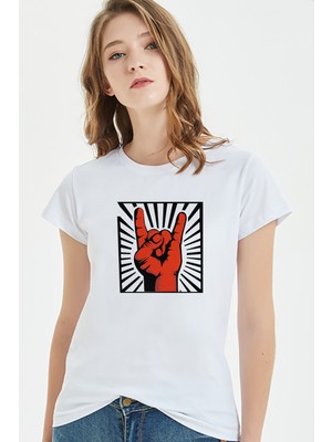 Qivi Rock'n Roll El Işareti Baskılı Beyaz Kadın Tshirt