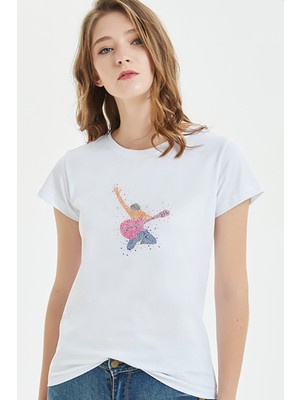 Qivi Gitar Rock Roll Music Baskılı Beyaz Kadın Örme Tshirt