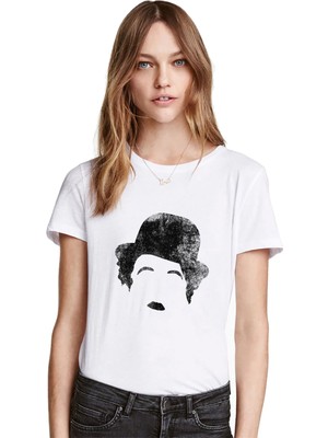 Qivi Charlie Chaplin Old Baskılı Beyaz Kadın Tshirt