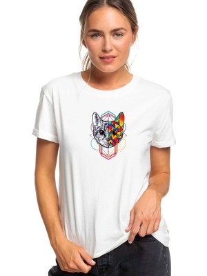 Qivi Geometric Art Animal Baskılı Beyaz Kadın Örme Tshirt