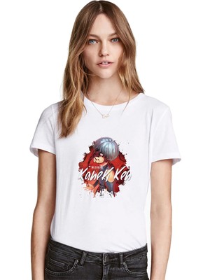 Qivi Anime Tokyo Ghoul Kaneki Manga Baskılı Beyaz Kadın Tshirt