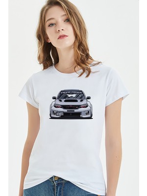 Qivi Subaru Impreza Baskılı Beyaz Kadın Tshirt