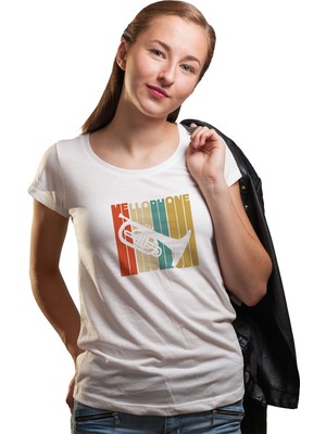 Qivi Silhouette Mellophone Vintage Style Kadın Beyaz Tshirt