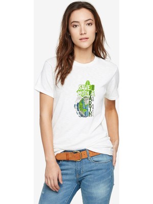 Qivi Green Earth Baskılı Beyaz Kadın Tshirt