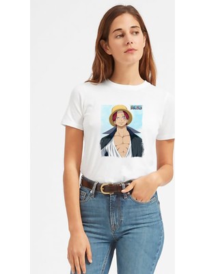 Qivi Anime One Piece Baskılı Beyaz Kadın Tshirt