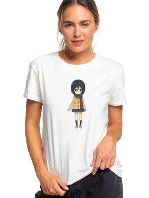 Qivi Anime Attack On Titan Baskılı Beyaz Kadın Tshirt