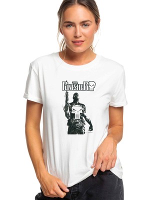 Qivi The Punisher Frank Castle Jon Bernthal Baskılı Beyaz Kadın Tshirt