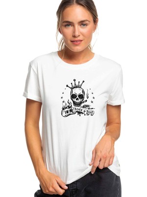 Qivi Rock'n Roll Baskılı Beyaz Kadın Tshirt