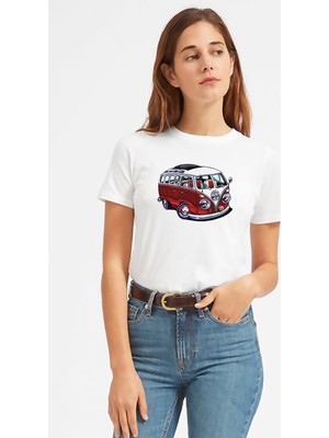 Qivi Wv Wosvos Karavan Minibüs Baskılı Beyaz Kadın Tshirt