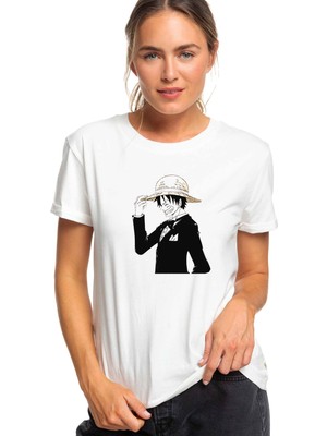 Qivi Anime One Piece Baskılı Beyaz Kadın Tshirt