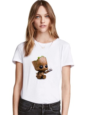 Qivi I Am Groot Tape Baskılı Beyaz Kadın Tshirt