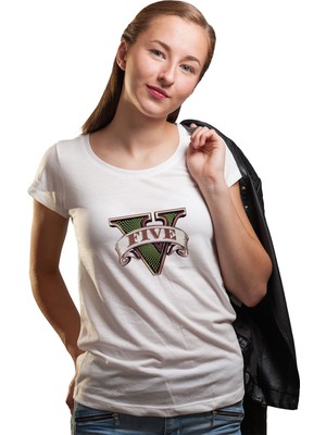 Qivi Gta V Logo Kadın Beyaz Tshirt