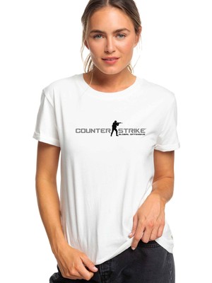 Qivi Counter Strike Logo Baskılı Beyaz Kadın Tshirt