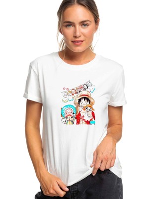Qivi Anime One Piece Luffy Hat Baskılı Beyaz Kadın Tshirt