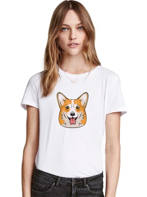 Qivi Dog Head Köpek Baskılı Beyaz Kadın Tshirt