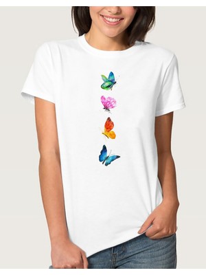 Qivi Watercolor Butterflys Kadın Beyaz Tshirt