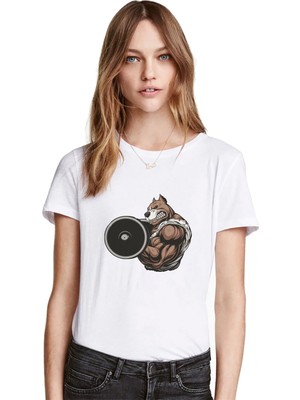 Qivi Pitbull Body Building Baskılı Beyaz Kadın Tshirt