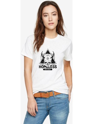Qivi Skull Triangle Homlles Baskılı Beyaz Kadın Tshirt