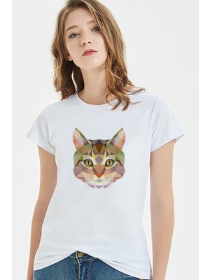 Qivi Polygonal Head Cat Kedi Baskılı Beyaz Kadın Tshirt