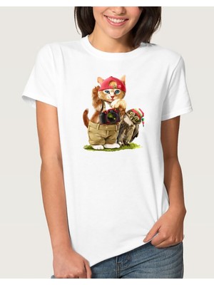 Qivi Watercolor Cat And Owl Kadın Beyaz Tshirt