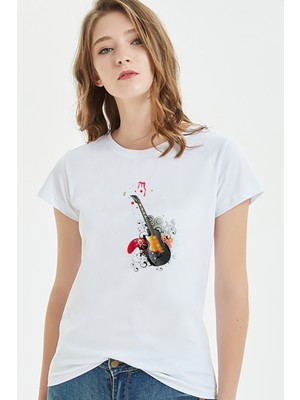 Qivi Gitar Müzik Rock Art Baskılı Beyaz Kadın Tshirt