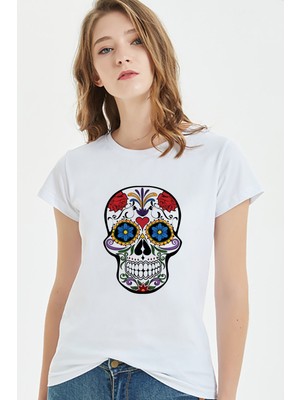 Qivi Watercolor Tattooed Skull Kadın Beyaz Tshirt