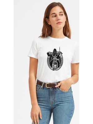 Qivi Motorsiklet Choppers Baskılı Beyaz Kadın Tshirt