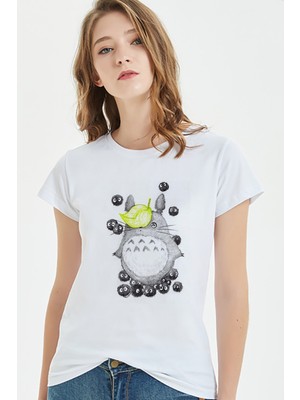 Qivi My Neighbor Komşum Totoro Baskılı Beyaz Kadın Tshirt