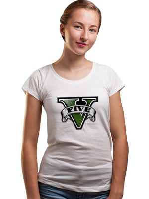 Qivi Gta V Logo Kadın Beyaz Tshirt