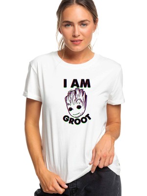 Qivi I Am Groot Baskılı Beyaz Kadın Tshirt