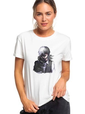 Qivi Anime Tokyo Ghoul Anteiku Baskılı Beyaz Kadın Tshirt